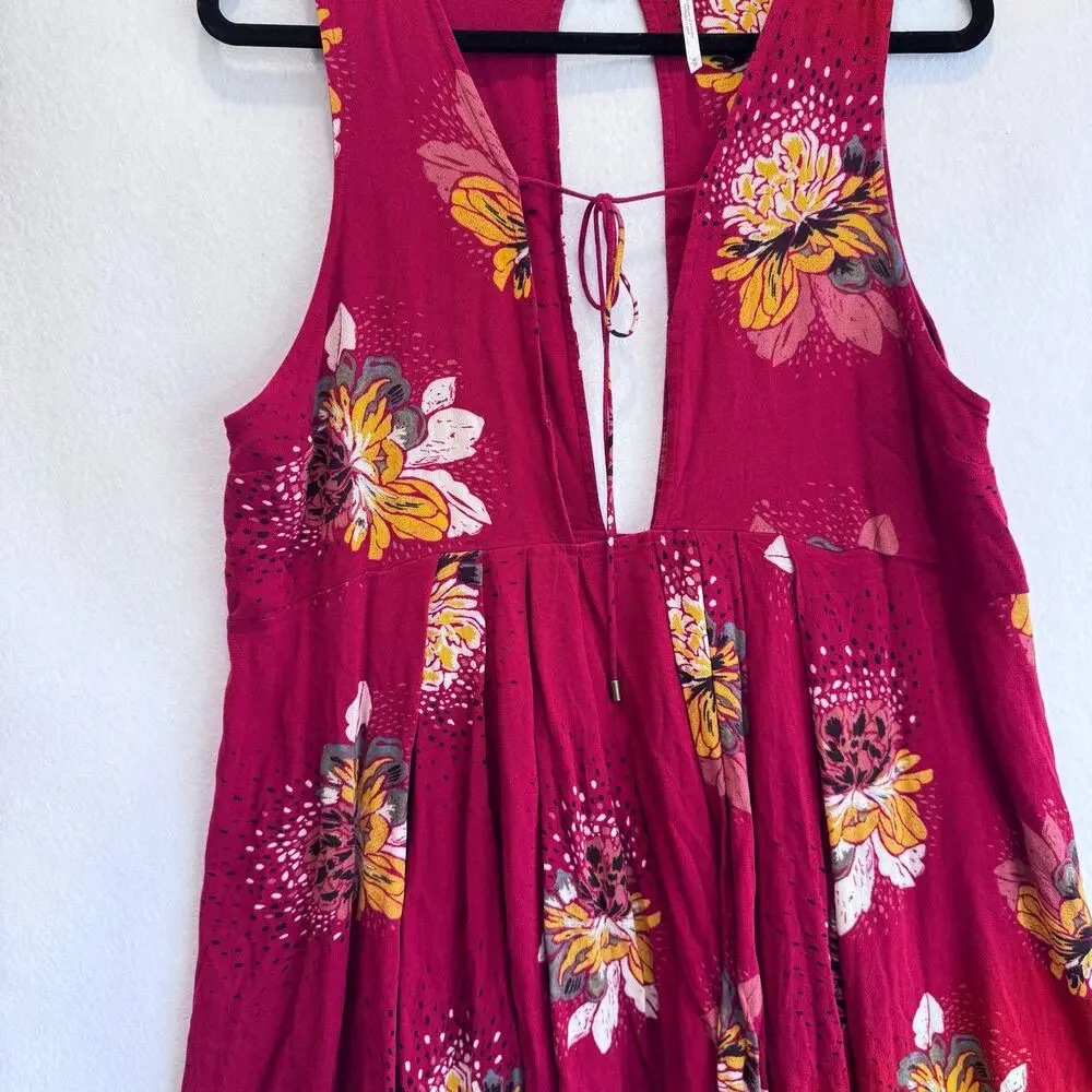 Free People Floral Sleeveless Dress M Red Yellow Boho Open Back Tie Festival
